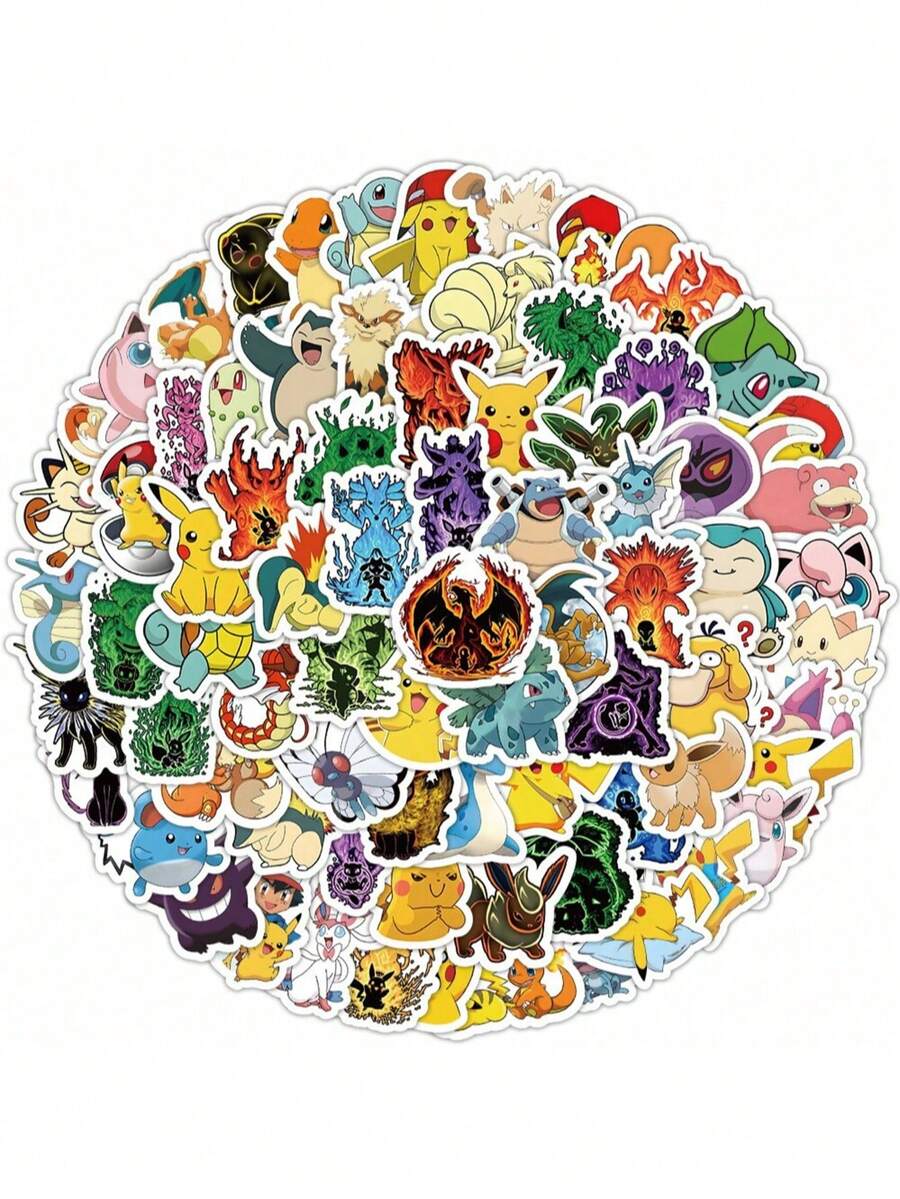 pokemon 皮卡丘100张卡通贴纸 可爱口袋妖怪 旋律 DIY手工笔记本电脑装饰贴纸 送给儿童和女孩的礼物 - 彩色 - 查看 1