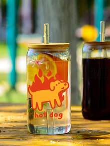 1pc Flame Hot Dog Funny Glass Cup With Straw, Cute Birthday/Holiday/New Year Gift, Suitable For Hot And Cold Drinks - Multicolor - View 4