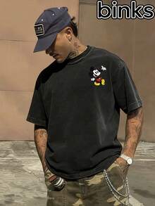 Disney Mickey Mouse Printed Short Sleeved T-Shirt, Washed Retro Style, Breathable, Loose, Casual, Suitable For Daily Home Use, Short Sleeved Men's Spring And Summer Top. - 黑色 - 查看 2