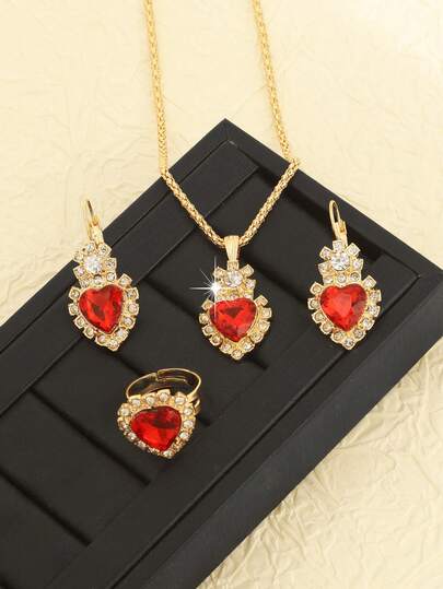 1 Set French Palace Style Red Heart Earrings + Necklace + Ring Jewelry Set, Bridal Jewelry Set