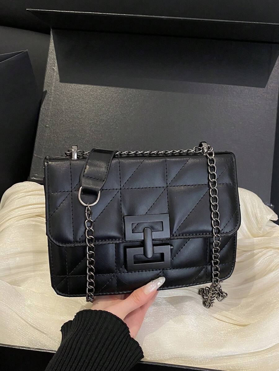 1 chiếc túi đeo vai mini kiểu vintage mới dành cho nữ, dây đeo chéo bằng kim loại, chất liệu PU, màu đen, túi vuông cài nắp thông thường, túi mua sắm cho nữ, phù hợp cho việc đi lại hàng ngày, nhỏ gọn và dễ mang theo.