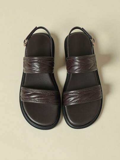 Women's Flat Sandals With Buckle Strap, Low Heel, Woven Texture, Bohemian Style, Retro Vintage, Open Toe, Comfortable, Summer New, Asymmetrical Embroidery, Chocolate Brown, Candy Colors, Breathable, Elegant, Suitable For Dresses, Casual, Sports, Roman Sandals, Size 3-10