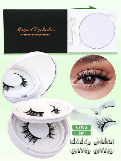 2对自然猫眼磁性假睫毛套装，轻盈蓬松，佩戴舒适，含镜子，可重复使用，防水，无需胶水即可嫁接睫毛。
