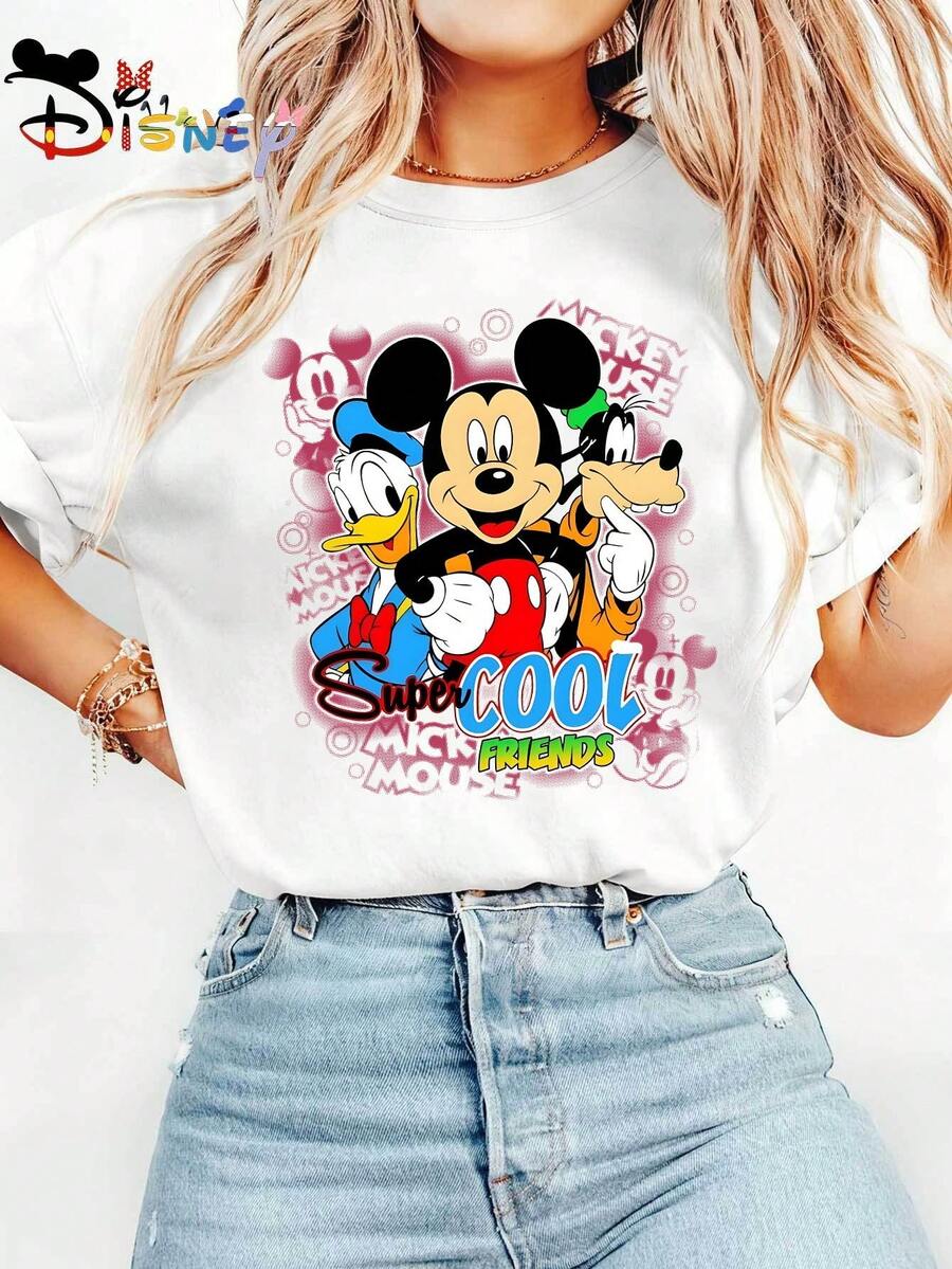 Disney Mickey, Donald Duck, And Goofy Super COOL Short Sleeve T-Shirt | Crew Neck, Slight Stretch Fabric, Print Pattern, Ideal For Spring And Summer - Comfortable - 白色 - 查看 1