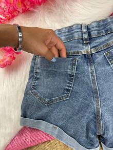 Girls' Denim Shorts With Internal Adjustment, Adjustable Waist, Folded Hem, Comfortable, Children's Fashion. - 中等水洗藍 - 查看 4
