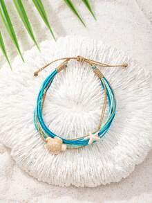 1 Pc Turquoise Color Wax Rope Anklet With Turtle And Starfish Charm, Summer Beachy Waterproof Ankel Bracelet For Women, Bohemian Boho Jewelry For Vacation Beach Wear - Starfish and Sea Turtle Anklet - View 2