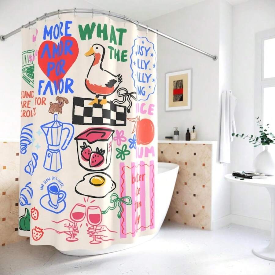 60x72in Hand Drawn Doodle Shower Curtain Brunch Shower Curtain Unique Bathroom Decor Housewarming Coffee Pastry Breakfast Goose Egg Strawberry Peach - 1 - 查看 1