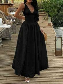 Elegant Floral Bud Dress, Suitable For Vacation, Commute, Romantic Date, Daily Wear, And Wedding Guest Black Summer - Black - View 3