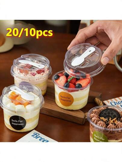 20/10pcs Reusable Round Pudding Cup Set, Includes Cups, Cups With Spoon Lids, Reusable Party Cups, Cups With Spoon Lids, Novel Mugs, Transparent Mousse Cake Boxes, Yogurt Cups, Reusable Party Cups, Hand Wash Only, Suitable For Birthday, Graduation, Bachelor Party, Wedding Season, Tableware, Party Supplies, Round Cups, Elegant Dessert Cups, Reusable Material, Plastic, With Spoon, Pudding Containers, Dessert Lovers