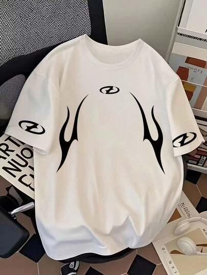 Minimalist Totem Print Short Sleeve T-Shirt, Loose Casual Shirt, Fashion Round Neck Design, Suitable For Spring, Summer And Autumn Casual Wear. Also An Excellent Holiday Gift. T-Shirt, Men's Clothing, Men's Graphic Tee, Retro T-Shirt, Crew Neck, Comfortable Fit, Autumn/Winter Wear, Daily Wear