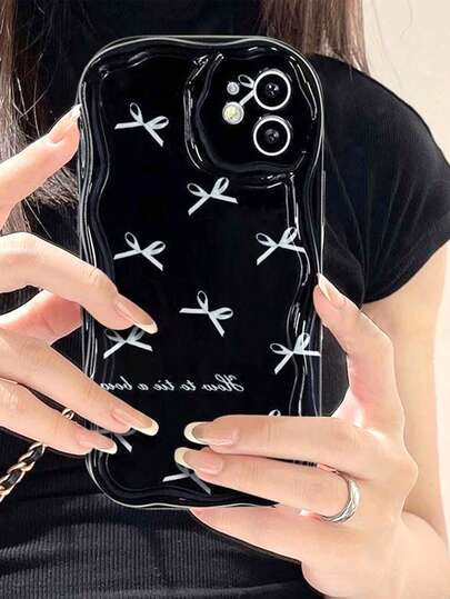 Bow-Knot Multi-Color Cream Texture Wavy Edged Black & White Bow Tie Shockproof Full Coverage Phone Case Suitable For IPhone 11/12/13/14/15/16/17/Pro Max