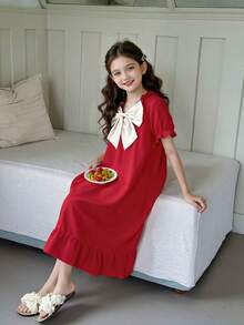 Cute & Comfortable V-Neck Bowknot Girls' Nightgown, With Pleated Collar Design And Fashionable Bow Decor. Soft Fabric, Easy To Put On And Take Off, Suitable For Spring, Summer And Autumn Wear, Also An Ideal Gift For Daughter On Valentine's Day - Red - View 5