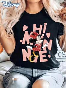 Disney Full Of Girlish Charm! Hi Minnie Mouse Heart And Letter Print Women's T-Shirt, Casual And Stylish Round Neck Short-Sleeved Summer Top, Youthful And Preppy Cartoon Sweatshirt, Perfect For Outdoor And Everyday Casual Wear. Product DetailsMade From Soft, Comfortable, And Durable Pure Cotton, This Is An Ideal Choice For Spring And Summer. This Crew Neck T-Shirt Is Suitable For Various Occasions, Including Everyday Wear, Shopping, Parties, Travel, And Gatherings, And Also Makes A Thoughtful Gift. - Black - View 1