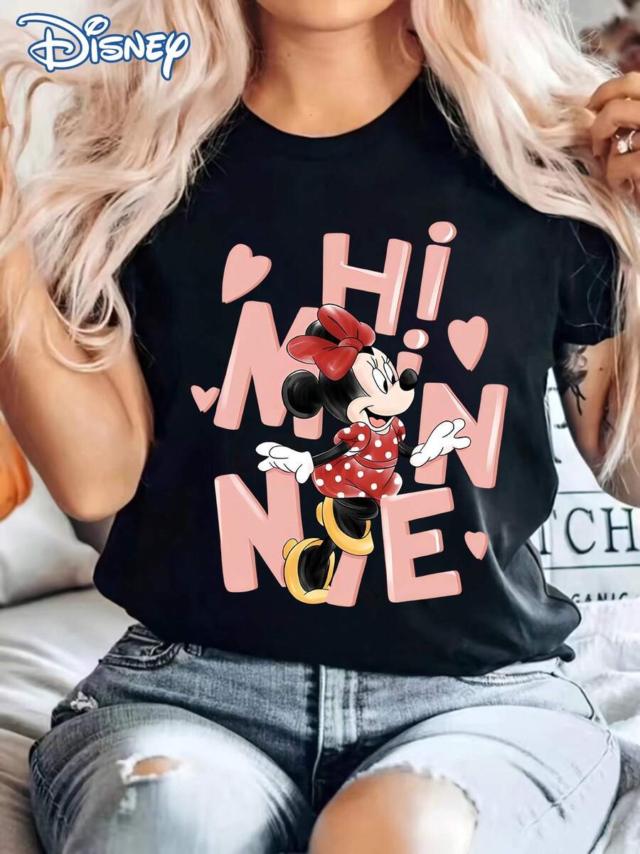 Disney Full Of Girlish Charm! Hi Minnie Mouse Heart And Letter Print Women's T-Shirt, Casual And Stylish Round Neck Short-Sleeved Summer Top, Youthful And Preppy Cartoon Sweatshirt, Perfect For Outdoor And Everyday Casual Wear. Product DetailsMade From Soft, Comfortable, And Durable Pure Cotton, This Is An Ideal Choice For Spring And Summer. This Crew Neck T-Shirt Is Suitable For Various Occasions, Including Everyday Wear, Shopping, Parties, Travel, And Gatherings, And Also Makes A Thoughtful Gift. - Black - View 1