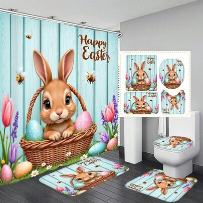 Bộ 1/4 rèm tắm chủ đề thỏ Phục Sinh, quà tặng rèm tắm tân gia trang nhã, rèm trang trí phòng tắm hiện đại, rèm tắm kèm 12 móc, thảm chống trượt phòng tắm, thảm chữ U cho bồn cầu, thảm lót nắp bồn cầu, bộ phụ kiện phòng tắm, trang trí mùa xuân.