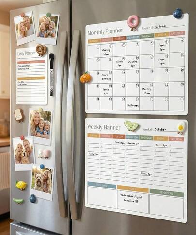 Magnetic Dry Erase Calendar Set Of 3 - Easy-To-Erase Whiteboard With Marker & Premium Magnet Your Fridge - Weekly And Monthly White Board Organizer Everyday Planning