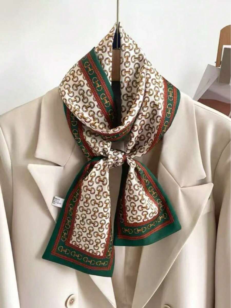 1 chiếc khăn satin hai mặt in hình dây xích ngựa, thích hợp để phối với váy, quần short, thắt lưng, túi xách, mũ, ruy băng, cạp quần. - Chuỗi xanh - Xem 1
