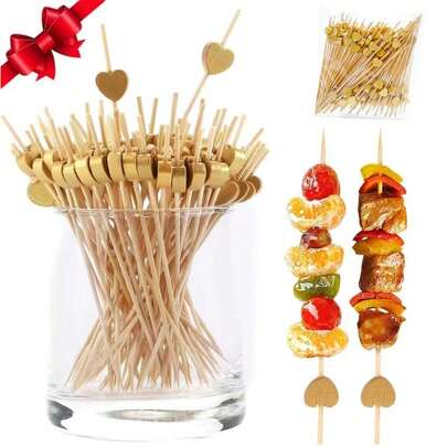 100支装开胃菜牙签，竹制鸡尾酒签，心形食品签，金色鸡尾酒签，4.7英寸长水果串，适用于家庭、餐厅、自助餐、派对、烧烤