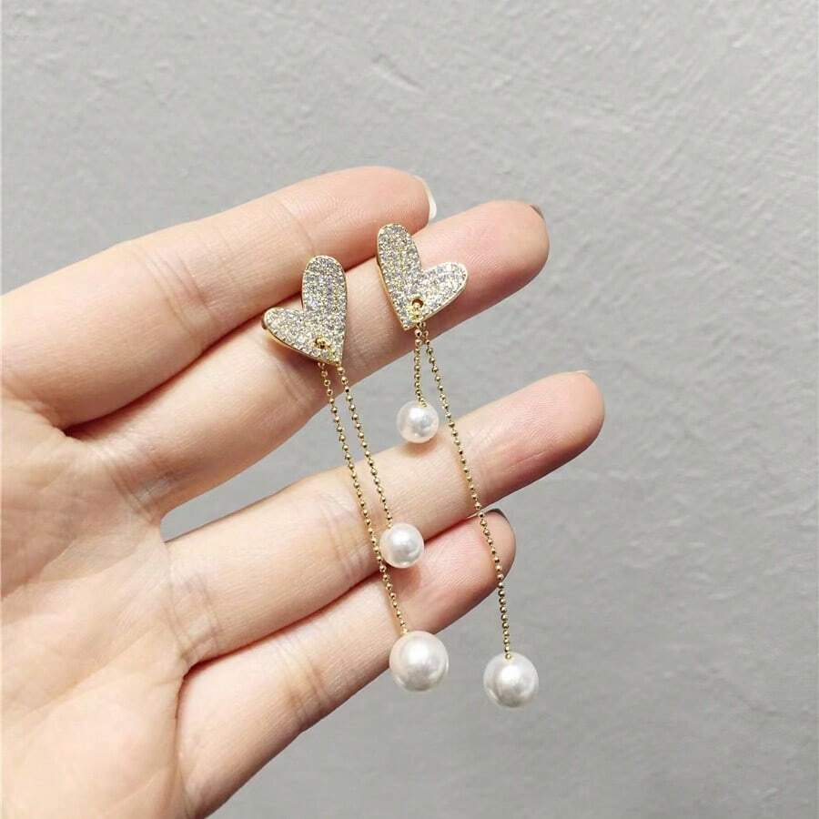 一对闪亮仿珍珠和锆石花朵流苏珍珠耳环，优雅长款耳环 - 愛心款 - 查看 1