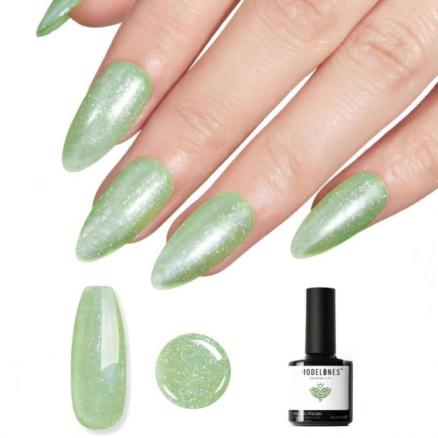 Modelones Glitter Green Nail Polish Grape Gel Nail Polish Soak-Off UV Gel Polish - 28+ Days Long-Lasting Salon-Quality Nail Art For St Patricks Day Decorations DIY Manicure &Amp; Gift 15ML - 白色 - 查看 1