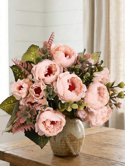 1 束 5 叉仿真牡丹花，包含 3 朵大花和 6 朵小花，适用于家居装饰花束、婚礼派对、办公室装饰