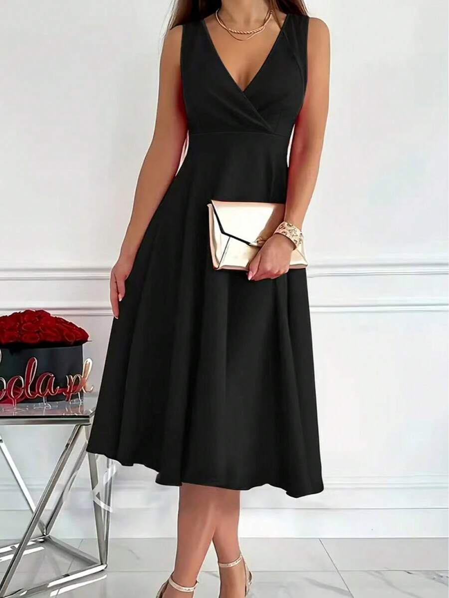 2025新款欧式简约纯色无袖斜领休闲连衣裙优雅 - 黑色 - 查看 1