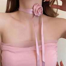 Collar de corbata con flor de camelia 3D estilo francés vintage, collar gargantilla minimalista de cuerda de cera con flores, elegante joyería de cadena de clavícula de nicho para mujeres - Blanco / Borde quemado / Flor grande - Ver 8