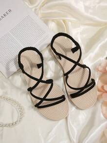 Dép xăng đan đế bằng co giãn thời trang mới dành cho nữ, kiểu dáng đi biển, kiểu đan chéo. - màu đen - Xem 4