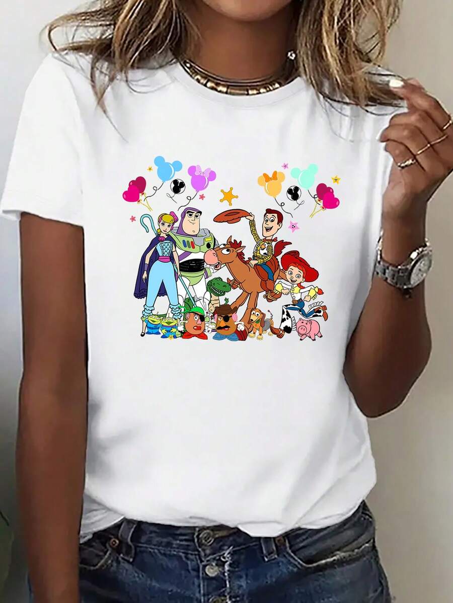 Disney Loose Fit Toy Story Buzz Lightyear And Trish Balloon Party Printed T-Shirt, Suitable For Summer And Spring, Short Sleeved Tops, Women's Clothing, Holiday Gift Party Costumes. - trắng - Xem 1
