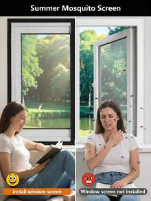 Black Zipper Window Screen Set, No-Drill Hook & Loop Install, Breathable Mosquito Net, Removable & Reusable For Home Windows - Black Zipper Screen - View 2