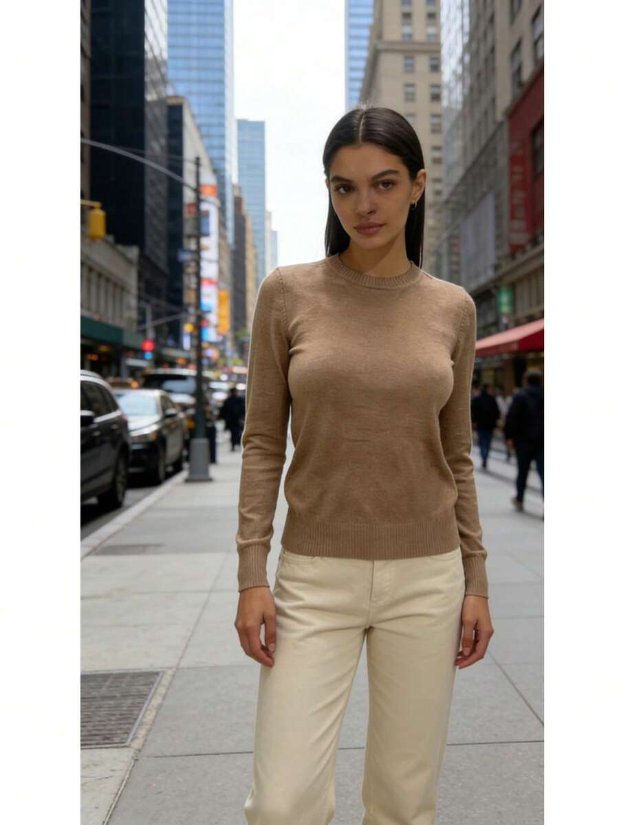 Steve Store Women's Fashion Round Neck Modal Long Sleeve Imported Sweater With Elastic Waistband For Autumn And Winter. - caqui - View 1