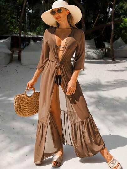 Deep Brown Solid V-Neck 3/4 Sleeve Shrug Top, Waist Tie Ruffle Hem Chiffon Maxi Beach Resort Blouse Vacation Summer