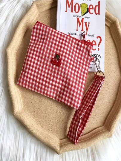 Embroidered Cherry Canvas Makeup Bag Red Plaid Large Capacity Portable Travel Cosmetic Storage Bag Simple Minimalist Daily Organizer