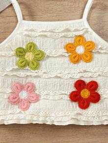 2pcs Baby Girl Fashionable Tassel Floral Crochet Strap Top And Casual Flare Pants Set, Suitable For Home Or Outdoor Wear - Apricot - View 5