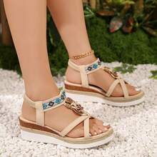 女士厚底凉鞋/波西米亚风露趾厚底鞋。采用弹性一体式设计，中跟，舒适厚底坡跟高跟休闲麻绳编织罗马凉鞋，沙滩凉鞋 - 杏色 - 查看 6