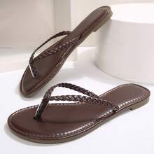 Women's Thong Slides PU Leather Flip Flops Braided Sandals Summer Beach Vacation Open Toe Shoes Slippers - 棕色 - 查看 2