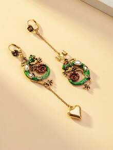 1 Pair Enamel Green Lizard Earrings, Asymmetric Heart Bow Tassel Earrings, Unique Personalized Attractive Accessories - Multicolor - View 4