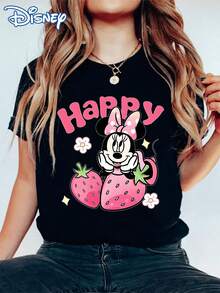 Disney "Happy" Minnie Mouse Strawberry Print Women's T-Shirt, Casual And Stylish Round Neck Short-Sleeved Summer Top, Cute Cartoon Youthful Preppy Style Sweatshirt, Suitable For Outdoor Daily Casual Wear.Made From Soft, Comfortable, And Durable Pure Cotton, This Is An Ideal Choice For Spring And Summer. This Crew Neck T-Shirt Is Suitable For Various Occasions, Including Everyday Wear, Shopping, Parties, Travel, And Gatherings, And Also Makes A Thoughtful Gift. - 黑色 - 查看 1