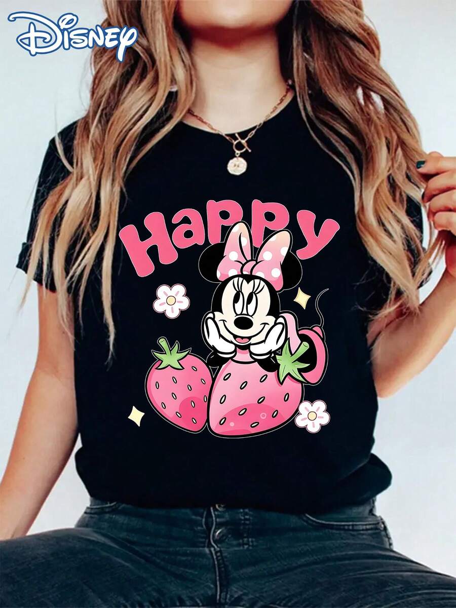 Disney "Happy" Minnie Mouse Strawberry Print Women's T-Shirt, Casual And Stylish Round Neck Short-Sleeved Summer Top, Cute Cartoon Youthful Preppy Style Sweatshirt, Suitable For Outdoor Daily Casual Wear.Made From Soft, Comfortable, And Durable Pure Cotton, This Is An Ideal Choice For Spring And Summer. This Crew Neck T-Shirt Is Suitable For Various Occasions, Including Everyday Wear, Shopping, Parties, Travel, And Gatherings, And Also Makes A Thoughtful Gift. - 黑色 - 查看 1