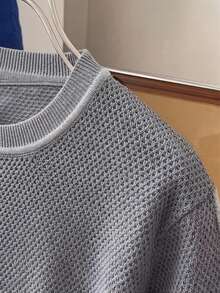 男士春夏针织圆领镂空短袖毛衣，撞色领，休闲百搭 - 灰色 - 查看 5