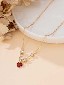 1pc Elegant French Romantic Luxury Rhinestone Red Drip Oil Heart Pendant Necklace, Unique Design Delicate Choker For Women - Red - View 5