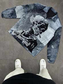 Men's Jacket, Casual Skull Print, Lightweight Spring Autumn Zip-Up Long Sleeve Outerwear - Grey - View 2