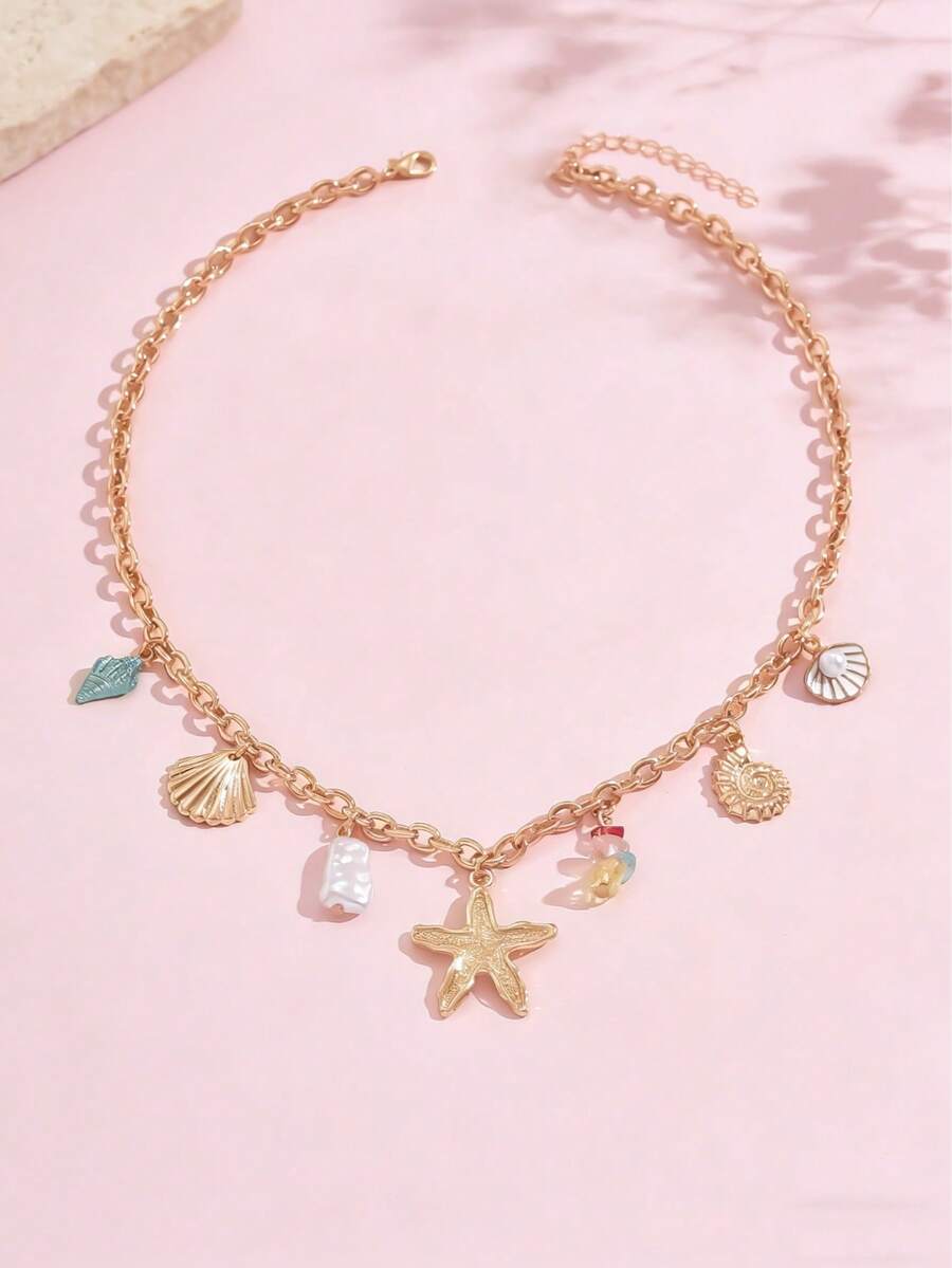 1 pieza Collar gargantilla versátil y de moda con colgantes de estrella de mar dorada y perlas falsas, adecuado para uso diario, fiestas, festivales de música. Los colores de las piedras se colocan de forma aleatoria. - Multicolor - Ver 1