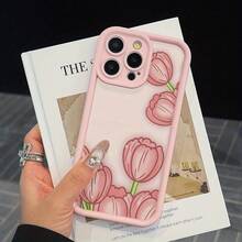 Pink Tulip Minimalist Pattern Phone Case, Suitable As Birthday Or Christmas Gift For Girlfriend, Daughter, Boyfriend, Girlfriend, Teenagers - Pink - View 1