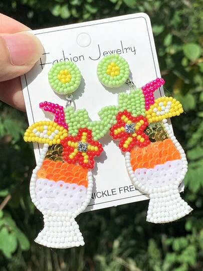 1对波西米亚风女士鸡尾酒耳环，手工制作，彩色串珠亮片装饰，适合海滩、派对、音乐节、日常佩戴