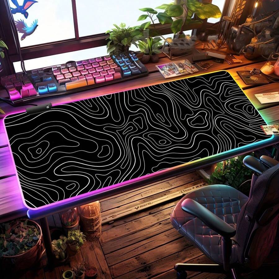 New RGB Mouse Pad With Black And White Terrain Pattern, Suitable For Gaming - A Non Slip Rubber Base Suitable For Gamers And Esports Professionals - 查看 1