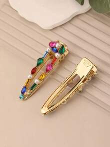 2pcs Elegant Rhinestone Waterdrop & Square Shaped Alligator Hair Clip Hairpins For Girls Claw Clips Hair Claws Hair Barrettes, School Stuff, Looks Of Party, Hair Accessories, Head Accessories - 彩色 - 查看 3