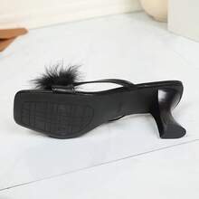 2026夏季新款法式高跟毛绒拖鞋，白色仙女风户外凉鞋 - 黑色 - 查看 5