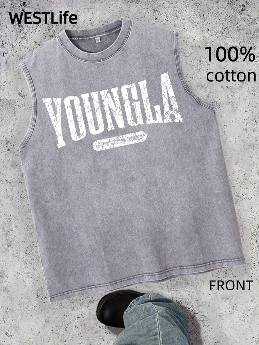 Men's Distressed Washed T-Shirt | Summer Men's Street Style Retro Graphic T-Shirt | YLA Distressed Text Design | Niche Fashion Men's Clothing Y2k Clothing | Unisex - Xám - Xem 1
