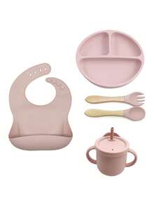 Customized Children's Tableware, Infant Complementary Food Weaning Tools, Silicone Bibs, Plates, Bowls, Straw Cups, Forks And Spoons - Multicolor - View 12